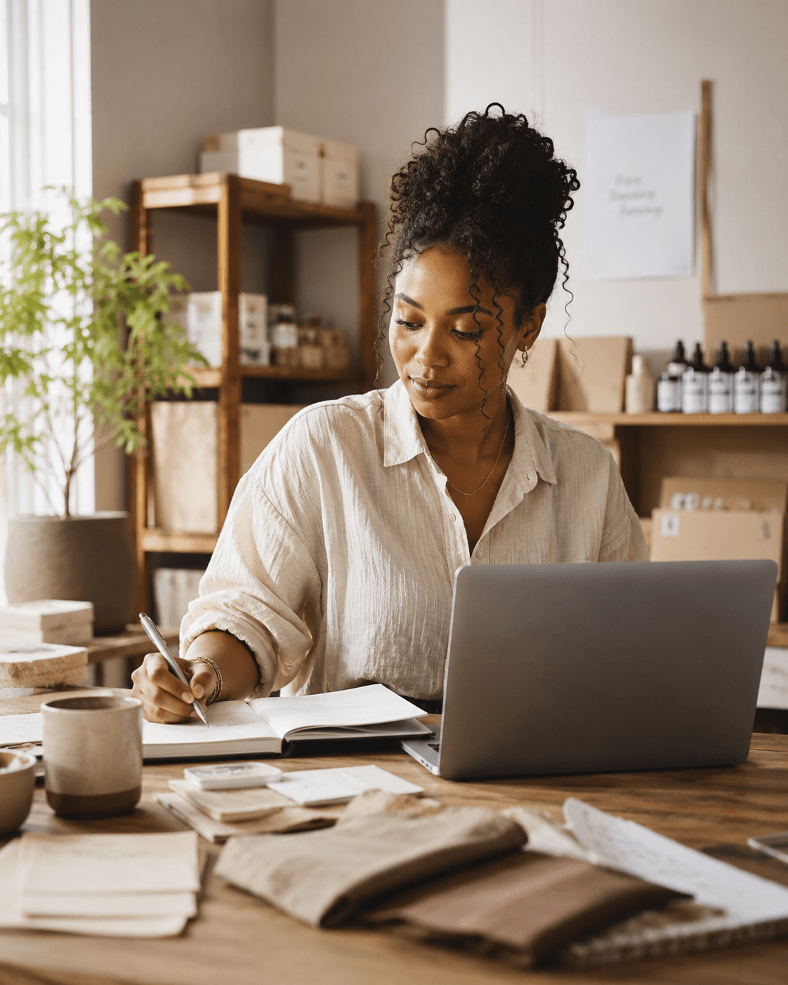 A small business owner working from a laptop